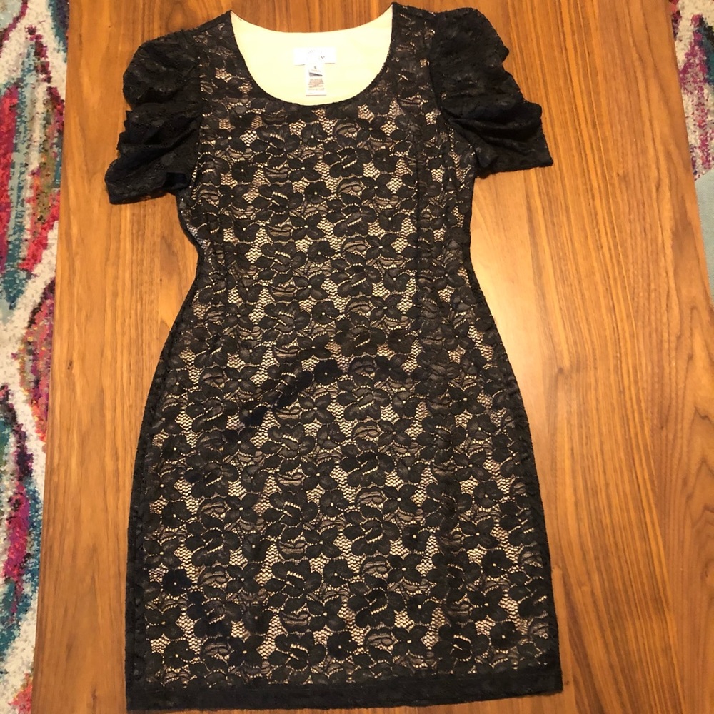 Nude slip dress with black lace